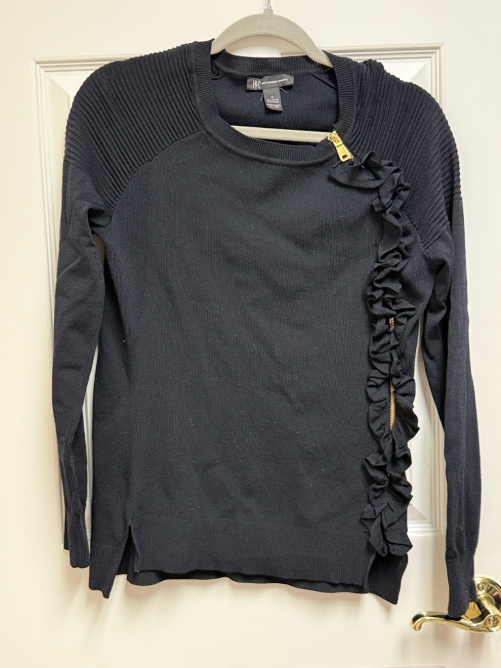 INC Black Ruffle Zip Pullover - Picture 6 of 8